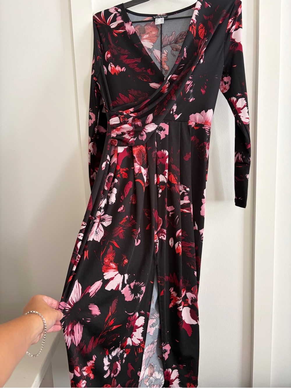 VENUS Black Long-Sleeve Floral Wrap Dress with Pink and Red Blooms